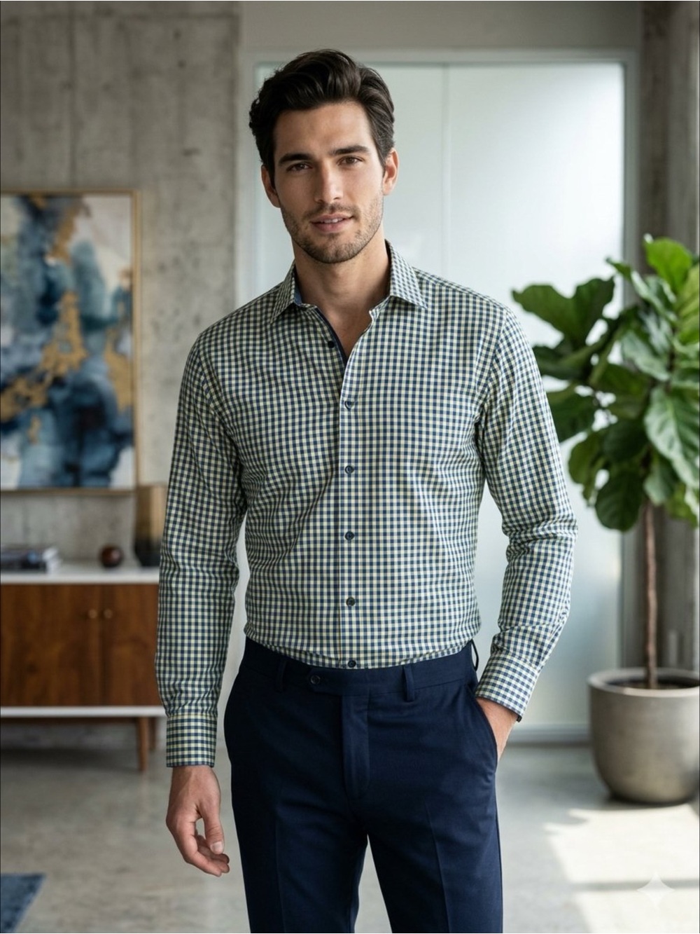 Lindbergh Black Label Gingham Check Button Down Shirt Contrast Flip Cuff Trim M